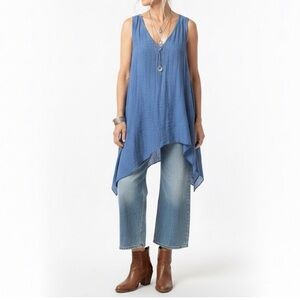 MY PRETTY ANGEL Blue Linen Asymmetric Tunic Top Boho Poetcore Lagenlook S
